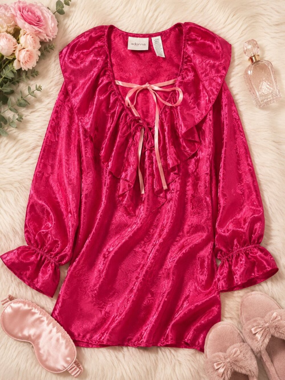 Adonna Hot Pink Satin Jacquard Ruffle Robe Small Coquette Romantic Lingerie